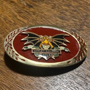 Harley Davidson Belt Buckle Vintage Winged Skull Snake Red Enamel Brass Oval